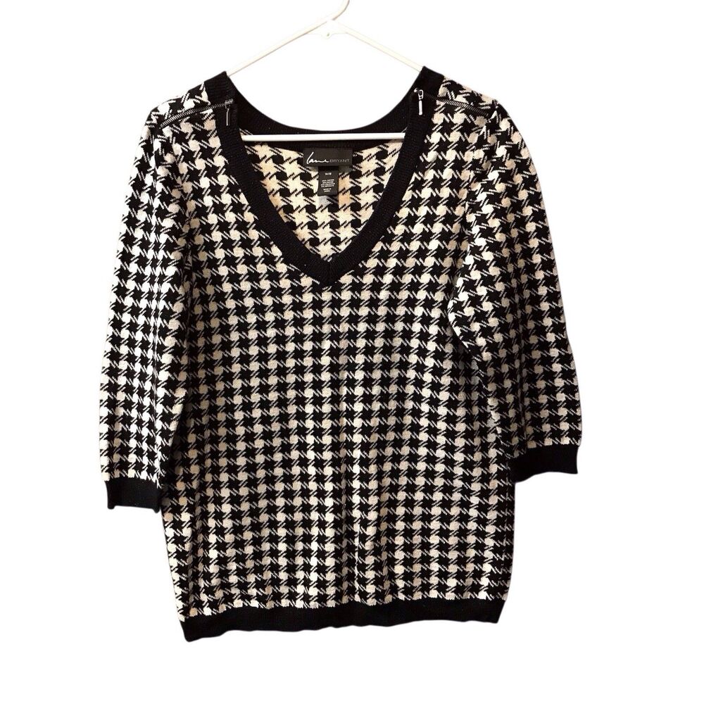 Lane Bryant Womens Sweater V-Neck Houndstooth Metallic 3/4 Sleeve Size 14/16